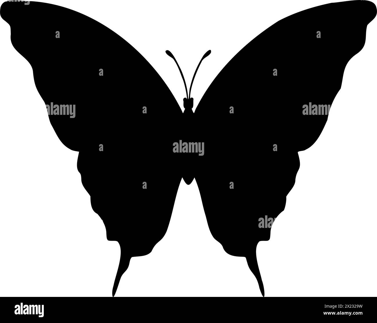 Schmetterling Machaon Vektor Silhouette. Illustration von Insekten mit Flügeln durch schwarze Tinte auf isoliertem Hintergrund für Symbol oder Logo. Fliegende Motte für Hochzeitseinladungen oder Postkarten. Vintage-Zeichnung. Stock Vektor