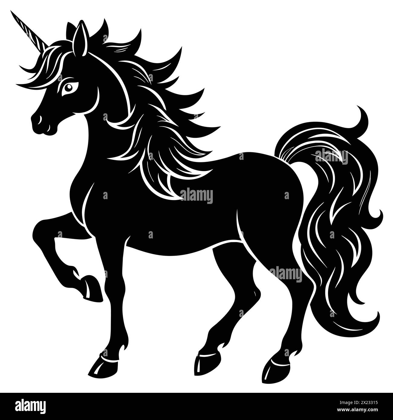 Magische Unicorn Silhouette Schwarz und weiß Stock Vektor