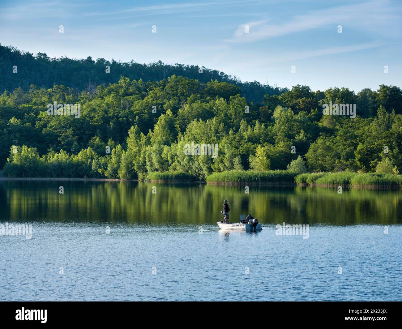 Fischerboot auf dem Geiseltalsee, Braunsbedra, Sachsen-Anhalt, Deutschland Stockfoto