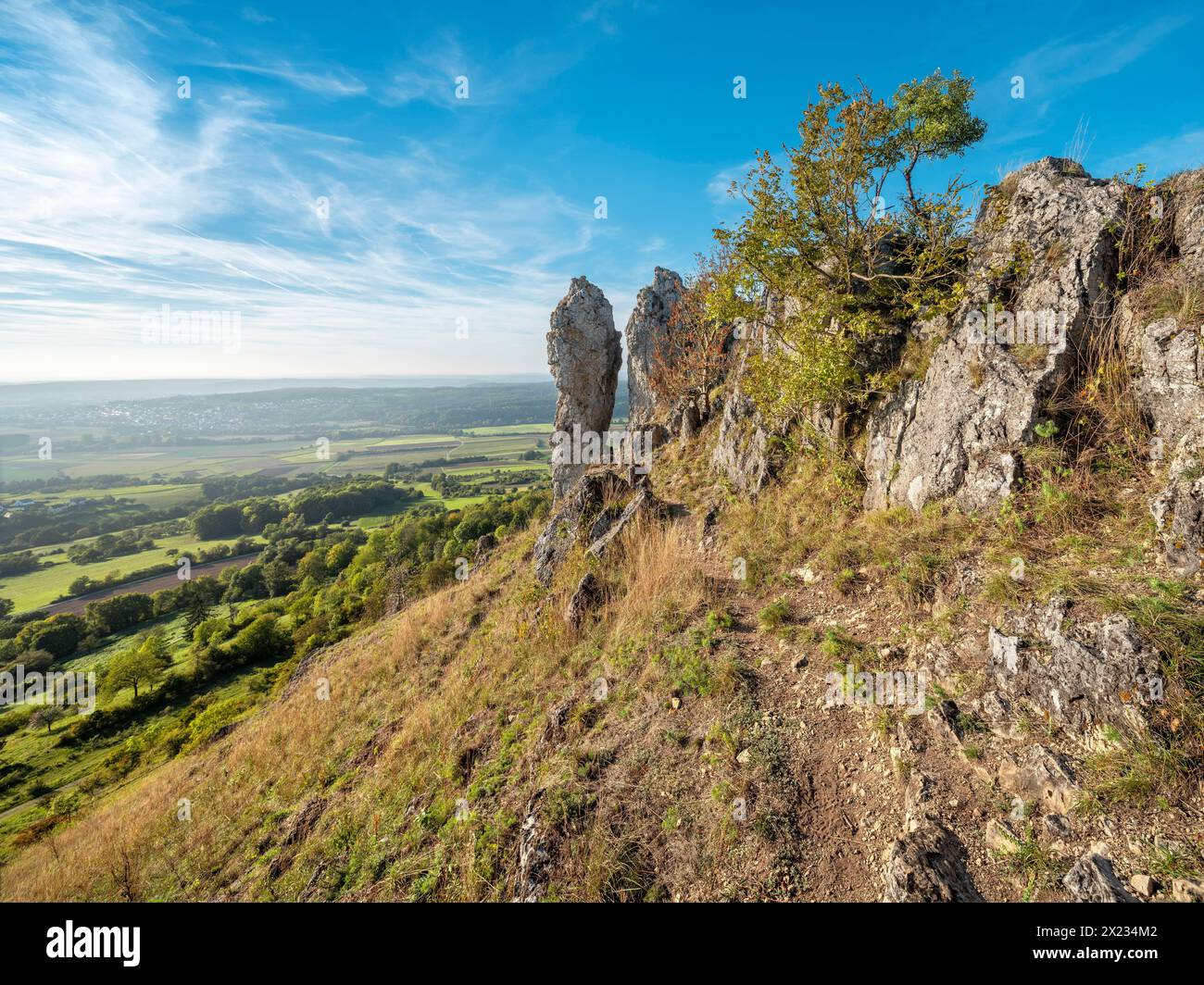 Wiesenthauer Nadel Felsformation auf dem Ehrenbühner Zeugenberg, auch bekannt als Walberla, Naturpark Veldensteiner Forst, Forchheim, Oberen Stockfoto