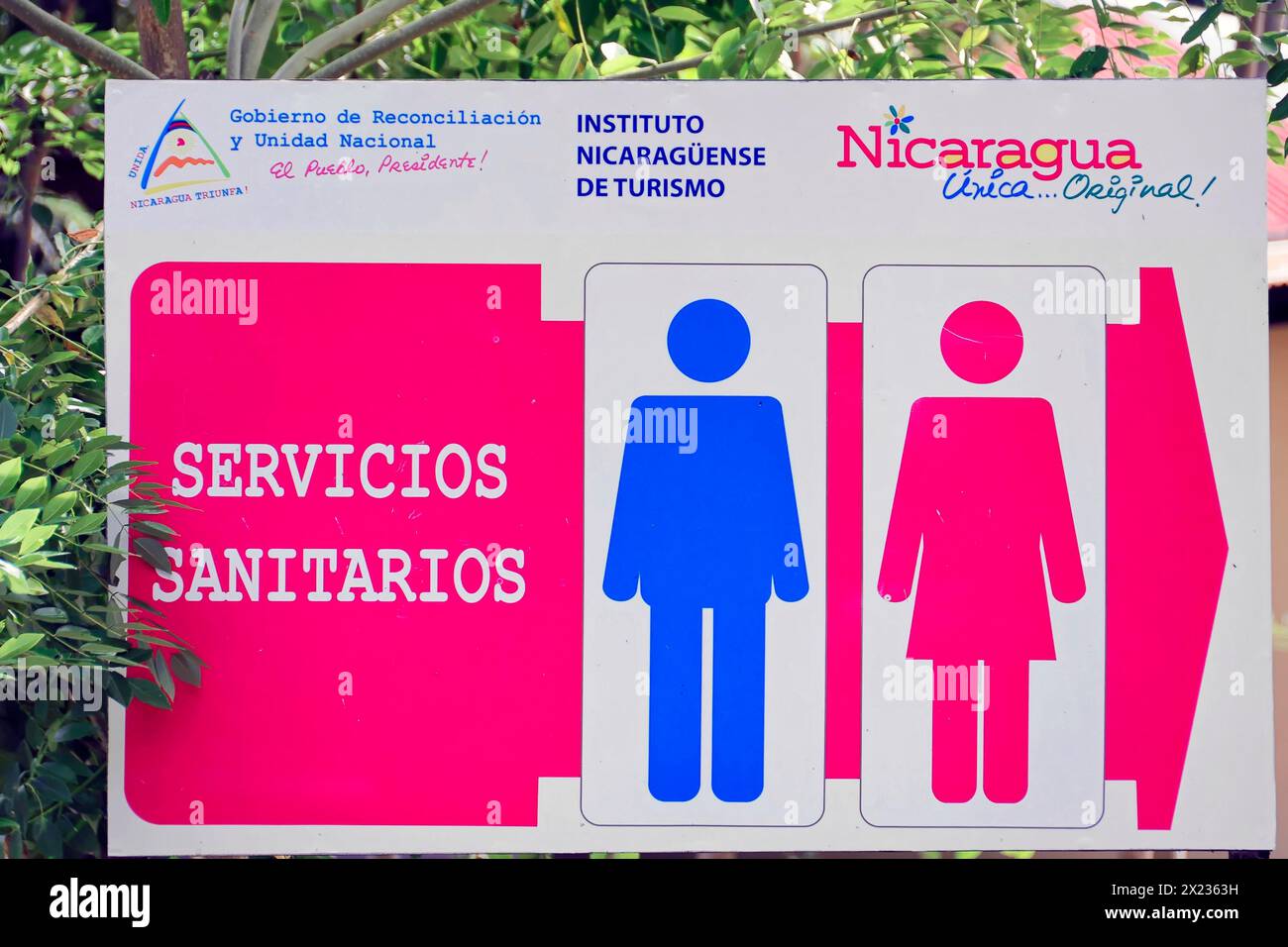 Granada, Nicaragua, Ein farbenfrohes Schild markiert Toiletten mit blauen und rosa Geschlechtssymbolen, Mittelamerika, Mittelamerika Stockfoto