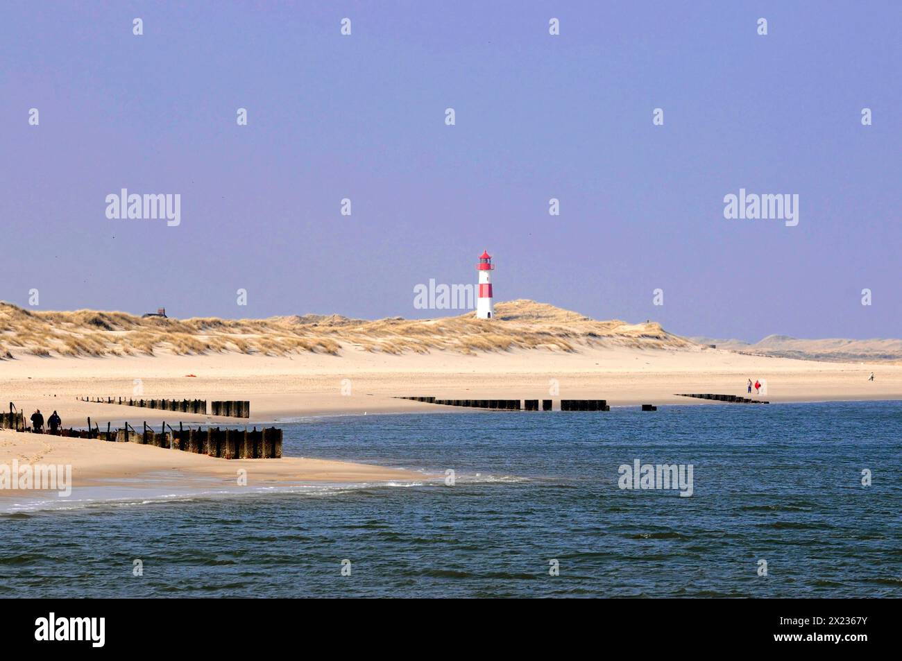 Leuchtturm bei List, am Ellenbogen, Sylt, Nordfriesische Insel, Schleswig Holstein, ein Leuchtturm steht in der Ferne auf einer Sandbank daneben Stockfoto