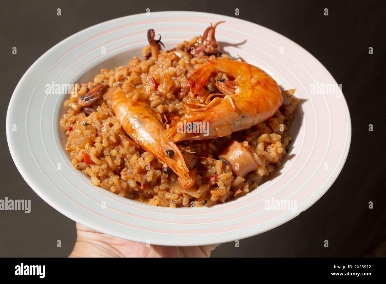 Genießen Sie die ikonischen Aromen Spaniens mit einer verführerischen Paella-Platte mit einem lebhaften Medley aus Meeresfrüchten, Reis und aromatischen Gewürzen. Stockfoto