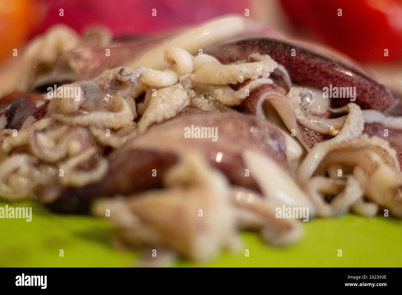 Zubereitung für Paella: Frischer Calamari, bereit zum Zerkleinern Stockfoto