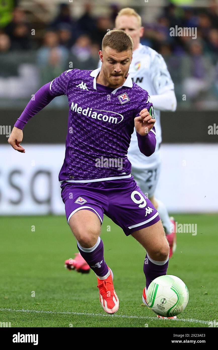 Lucas Beltran von ACF Fiorentina während des Viertelfinales des zweiten Legs der UEFA Conference League zwischen ACF Fiorentina und FC Viktoria Plzen im Artemio Franchi-Stadion in Florenz (Italien) am 18. April 2024. Stockfoto