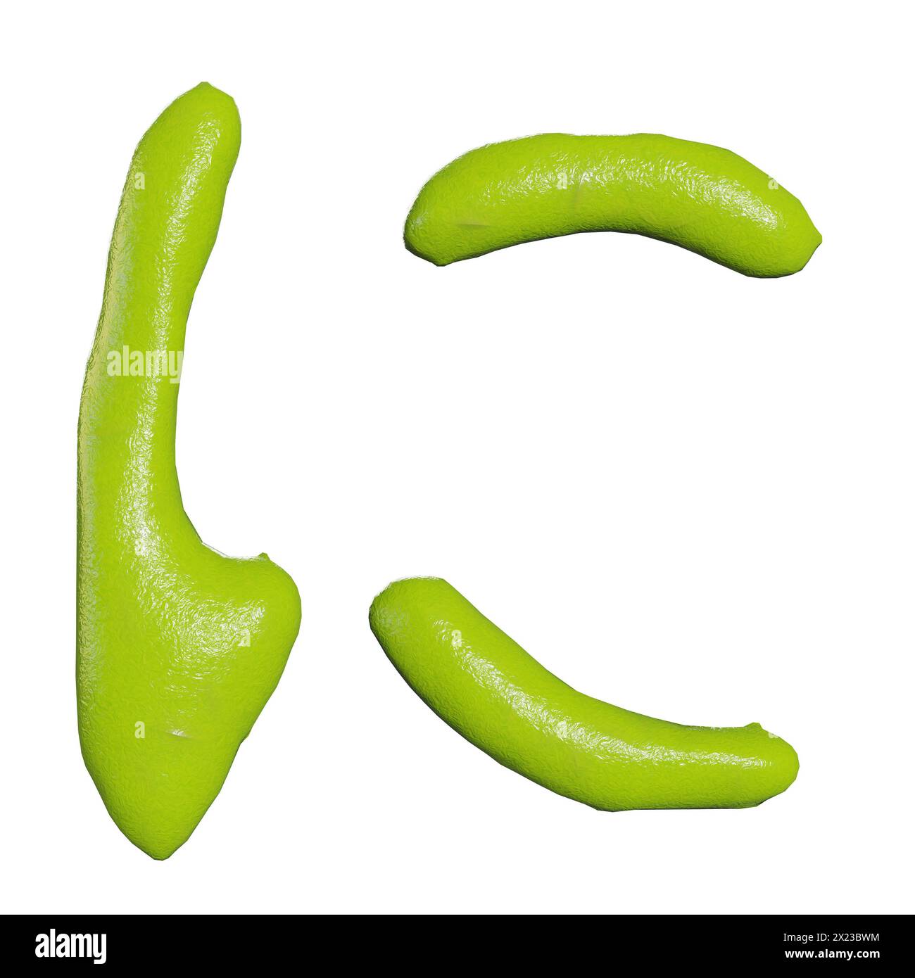 3D-Darstellung von isolierten Wasabi-japanischen Hiragana-Zeichen oder Buchstaben auf weißem Hintergrund Stockfoto