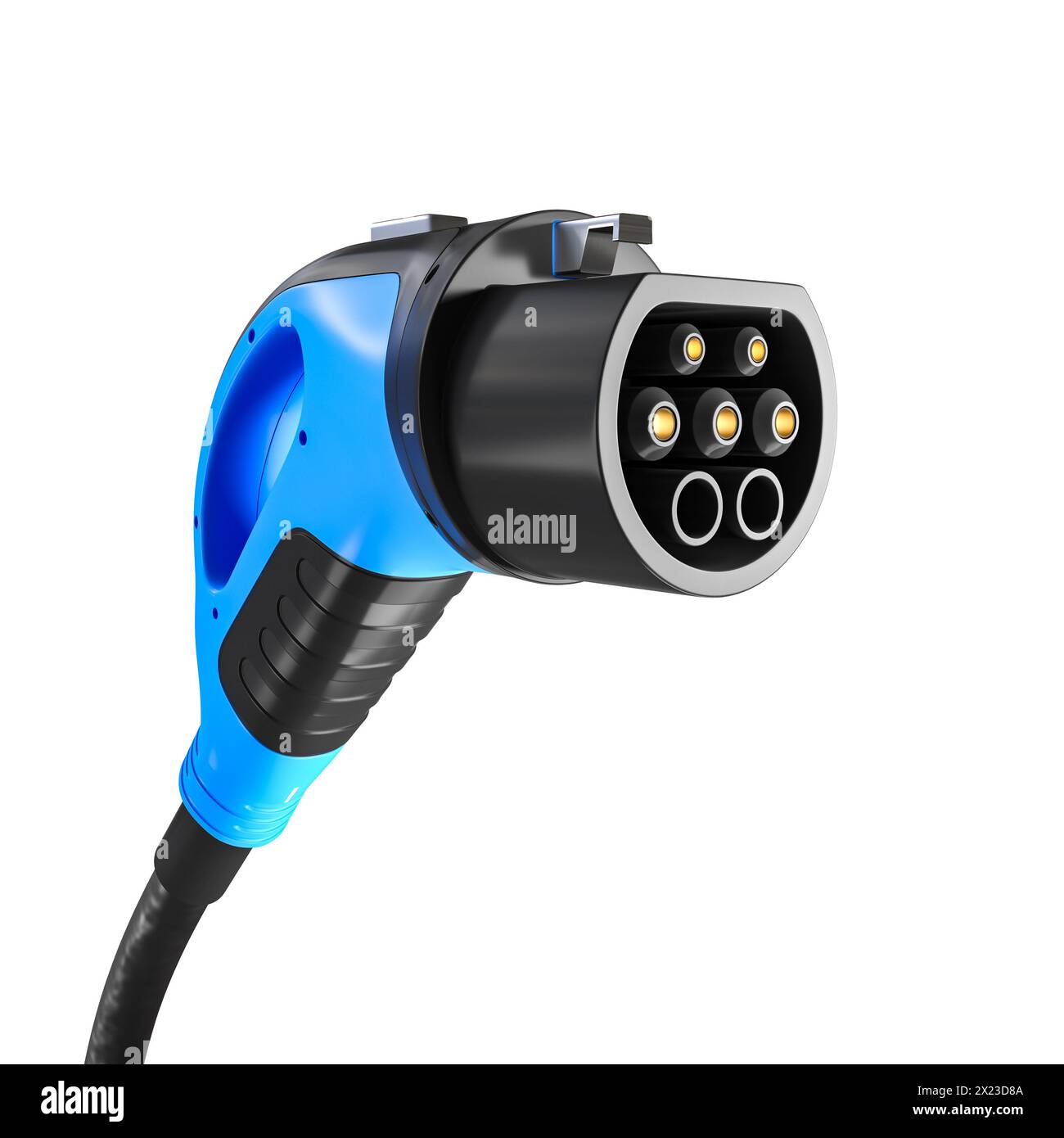 Nahaufnahme eines blauen EV-Ladeanschlusses mit einem schwarzen Kabel auf weißem Hintergrund Stockfoto