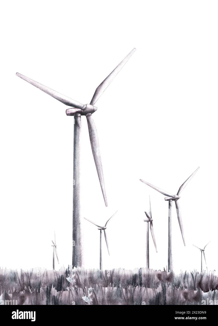 Landschaft mit Windmühlen, Windkraftanlage auf Grasfeld. Handgezeichnete monochrome Aquarellillustration, Öko Clipart, alternative Energie, Klima Stockfoto