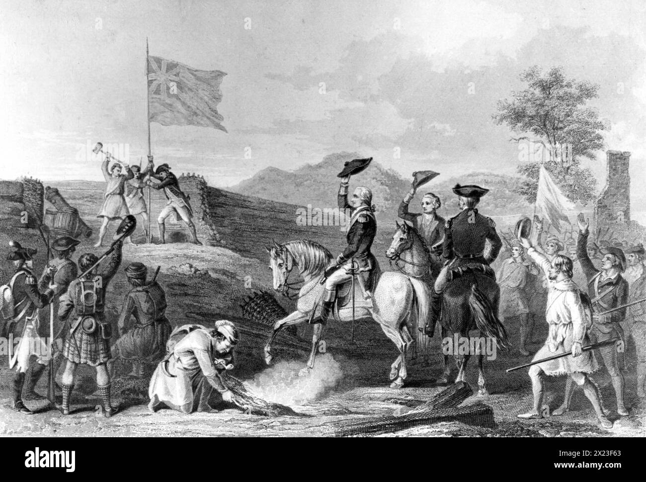 Pittsburgh (Pennsylvania): Gravur, die Col George Washington während des Französisch- und Indianerkrieges die britische Flagge über den Überresten von Fort Duquesne hisst. 11/25/1758 Stockfoto