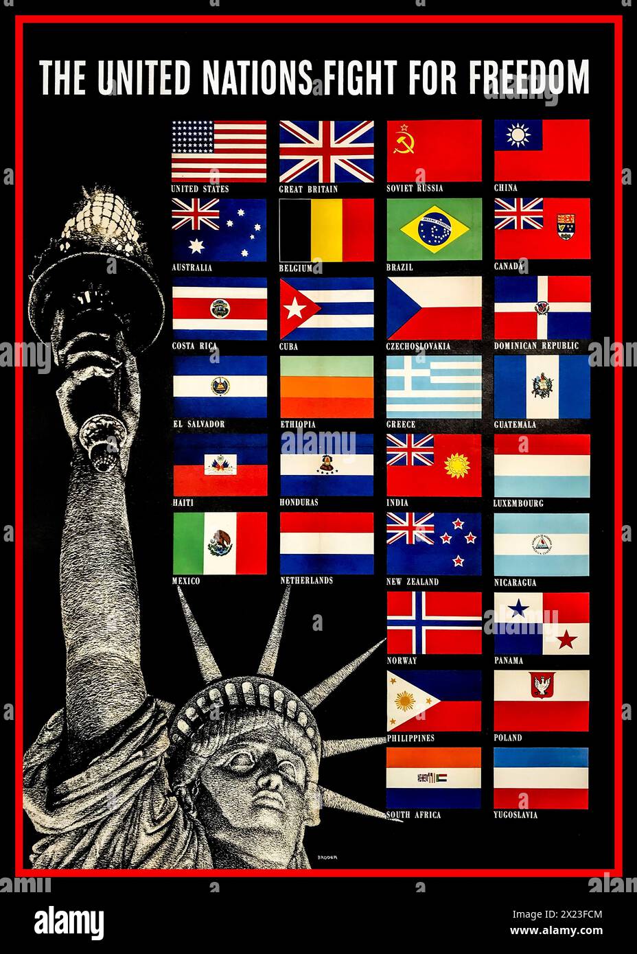 WW2 1942 USA „United Nations Fight for Freedom“ US-amerikanisches Vintage-Propaganda-Poster 1942 von Roger Broder. 1942 USA Stockfoto