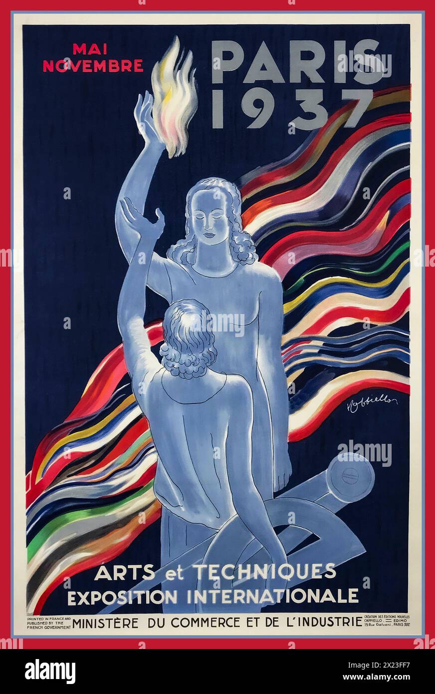 Vintage Poster Paris 1937 Exposition Internationale von Leonetto Cappiello 1937 Vintage French World Fair Werbung Ministerium für Handel und Industrie Lithografie Poster Künstler: Leonetto Cappiello 1937 Frankreich Stockfoto