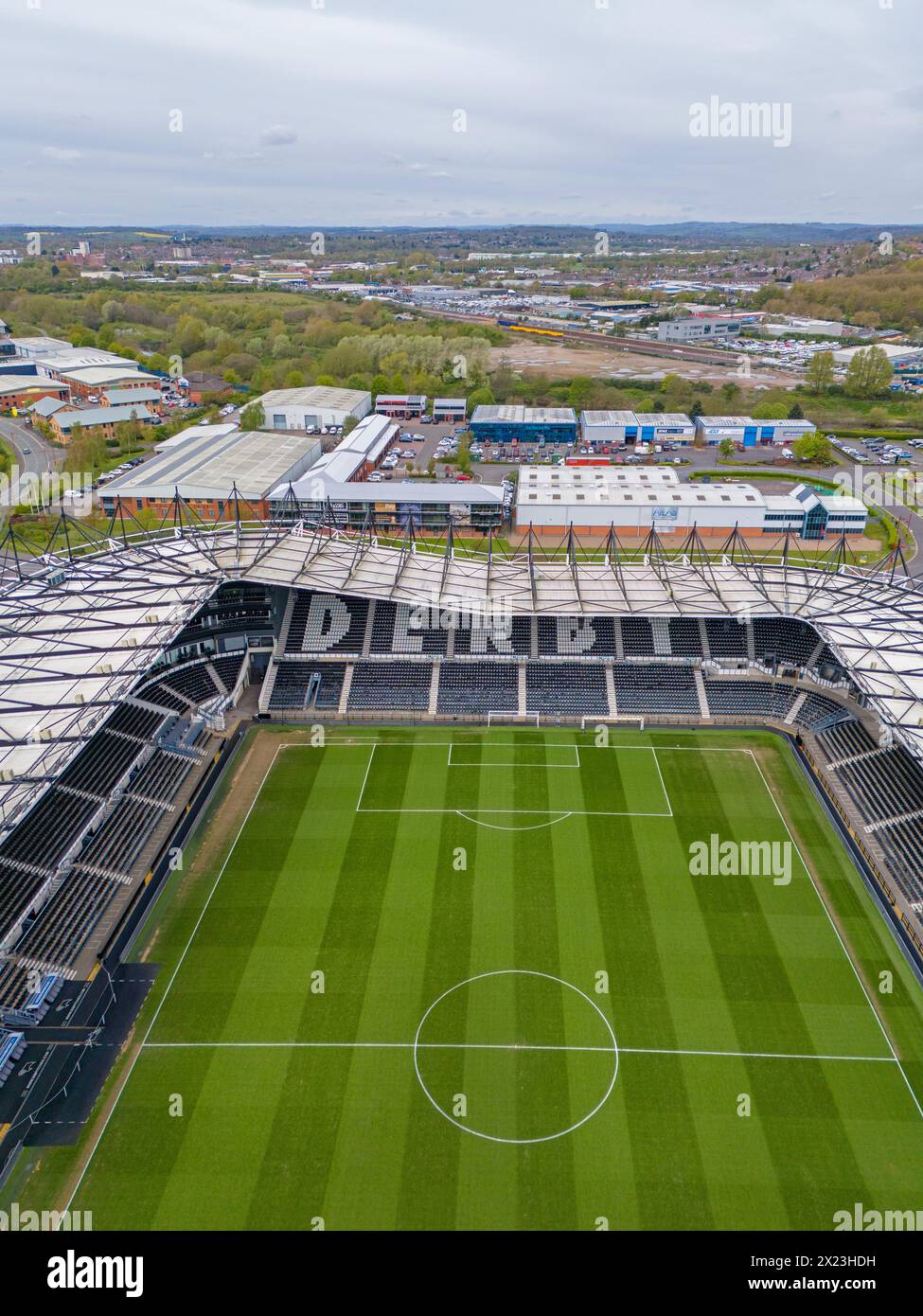 Derby County Football Club, Pride Park Stadium. Luftbild. April 2024 Stockfoto