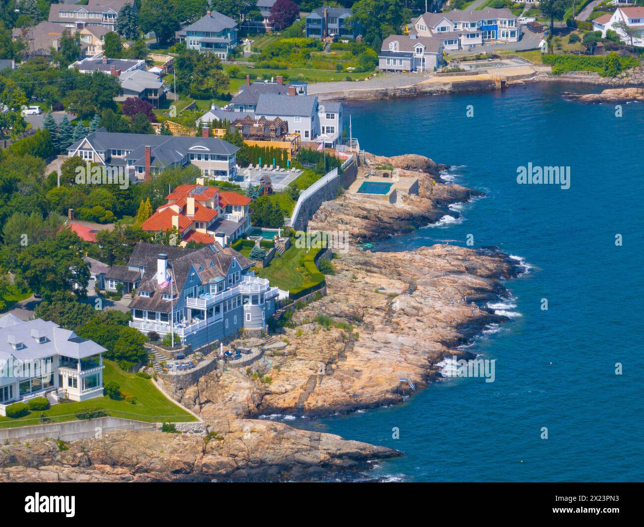 Häuser am Preston Beach aus der Vogelperspektive im Sommer zwischen Marblehead und Swampscott in Massachusetts MA, USA. Stockfoto