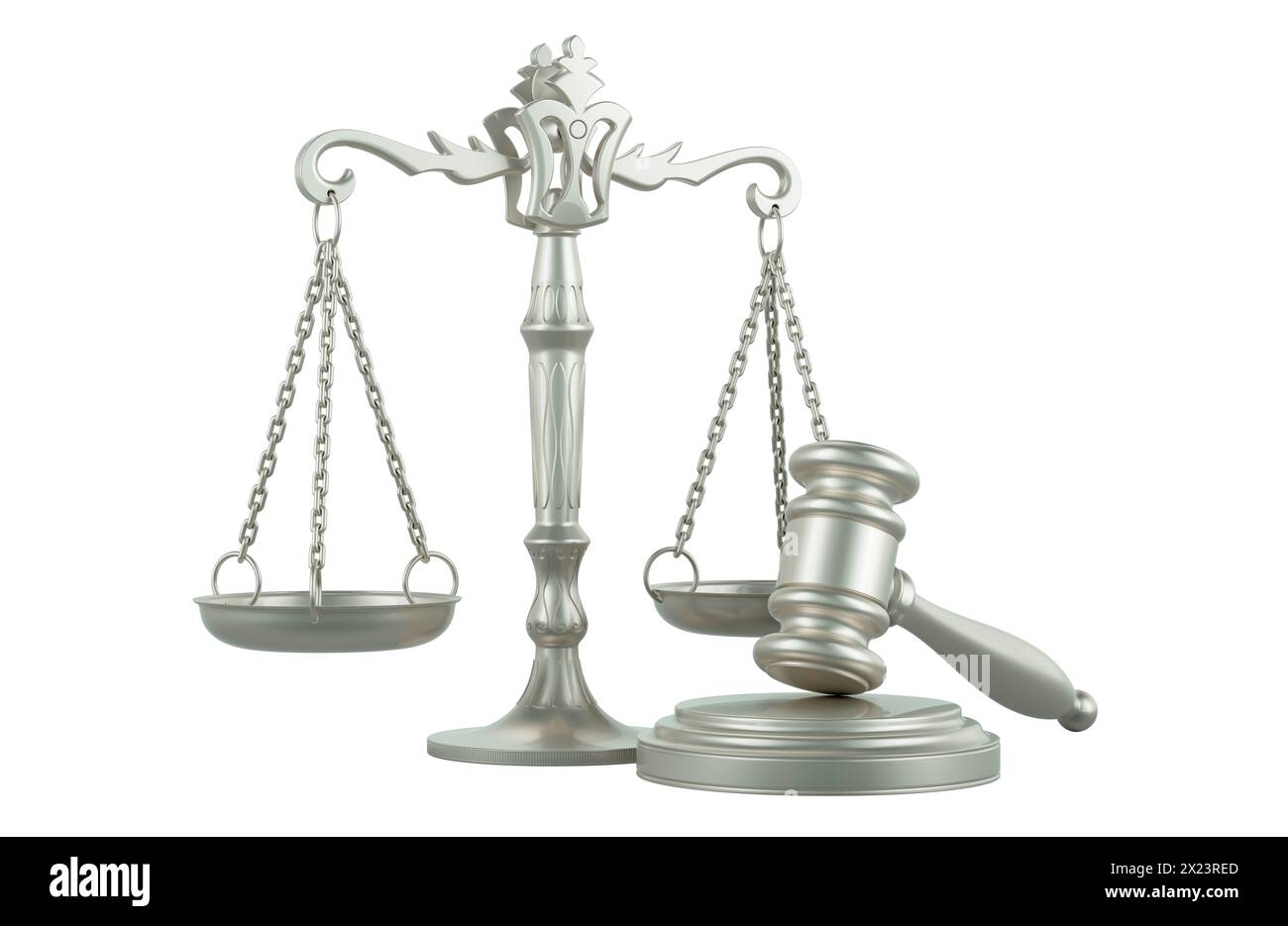Metallische Maßstäbe der Gerechtigkeit mit Gavel, 3D-Rendering isoliert auf weißem Hintergrund Stockfoto