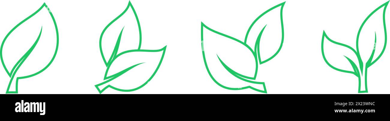 Eine Reihe von linearen grünen Leaves-Symbolen als Symbole für die Umweltschutzstrategie Stock Vektor