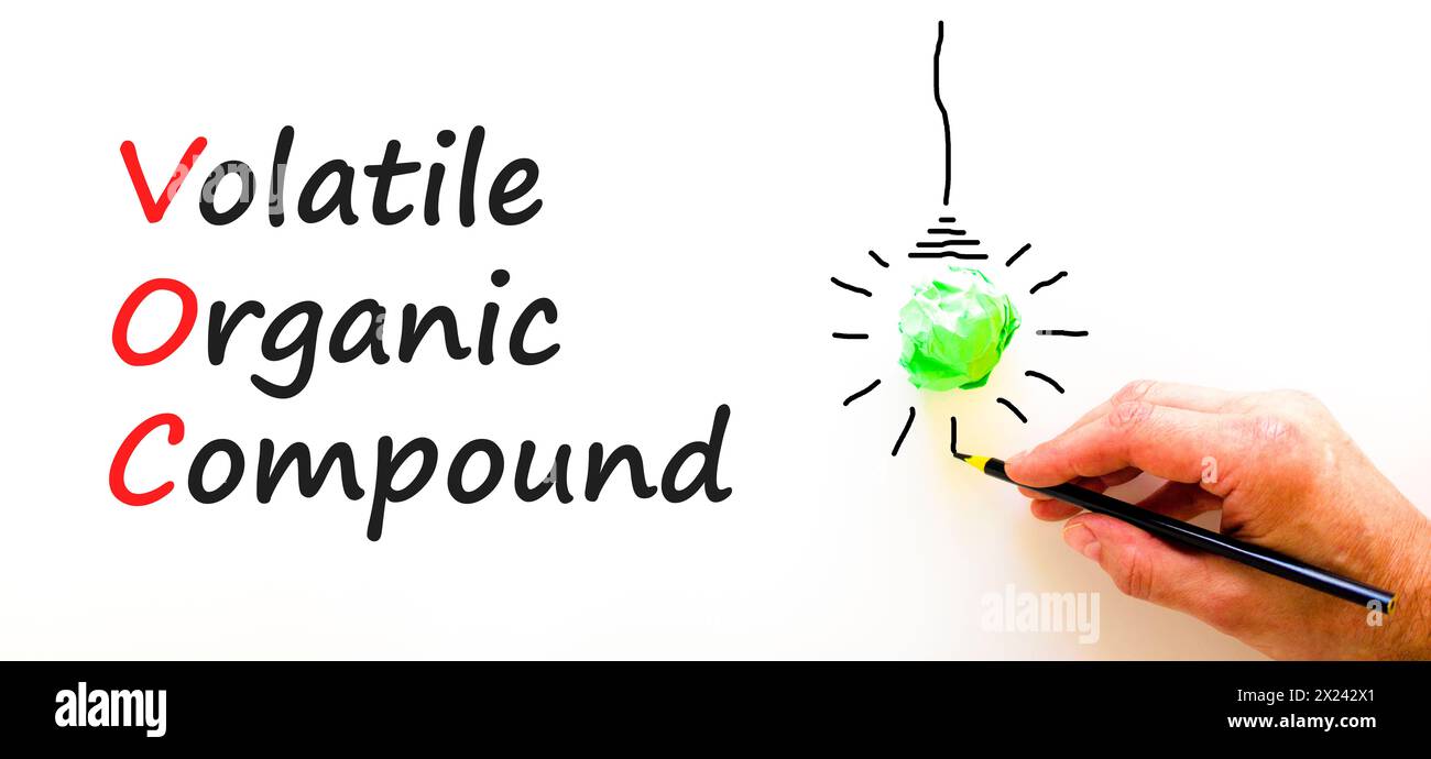 VOC-Symbol für flüchtige organische Verbindungen. Konzeptworte flüchtige organische VOC-Verbindung auf wunderschönem Weißbuch. Schöner weißer Hintergrund. Business VOC V Stockfoto