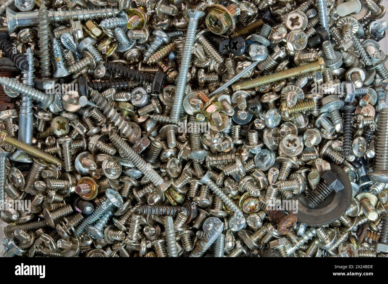 Verschiedene Schrauben und Bolzen füllen das Sieb Stockfoto