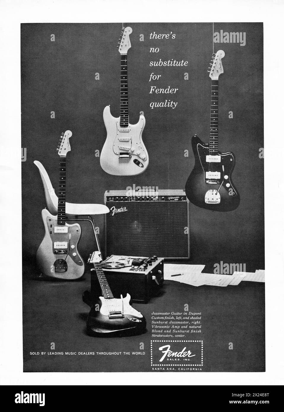 Eine Fender-Werbung, die die Verwendung von Fender-Gitarren und Fender-Verstärkern fördert. Für ein Musikmagazin 1960. Stockfoto