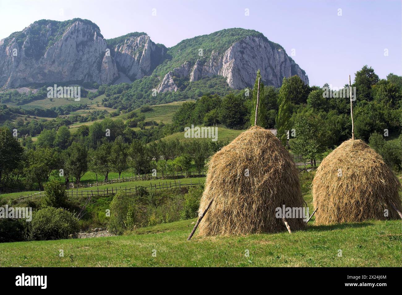 Buceș, Rumänien, Rumänien; Berg Muntele Vulcan; Berglandschaft mit Heuhaufen; paisaje de Montaña con pajar Stockfoto