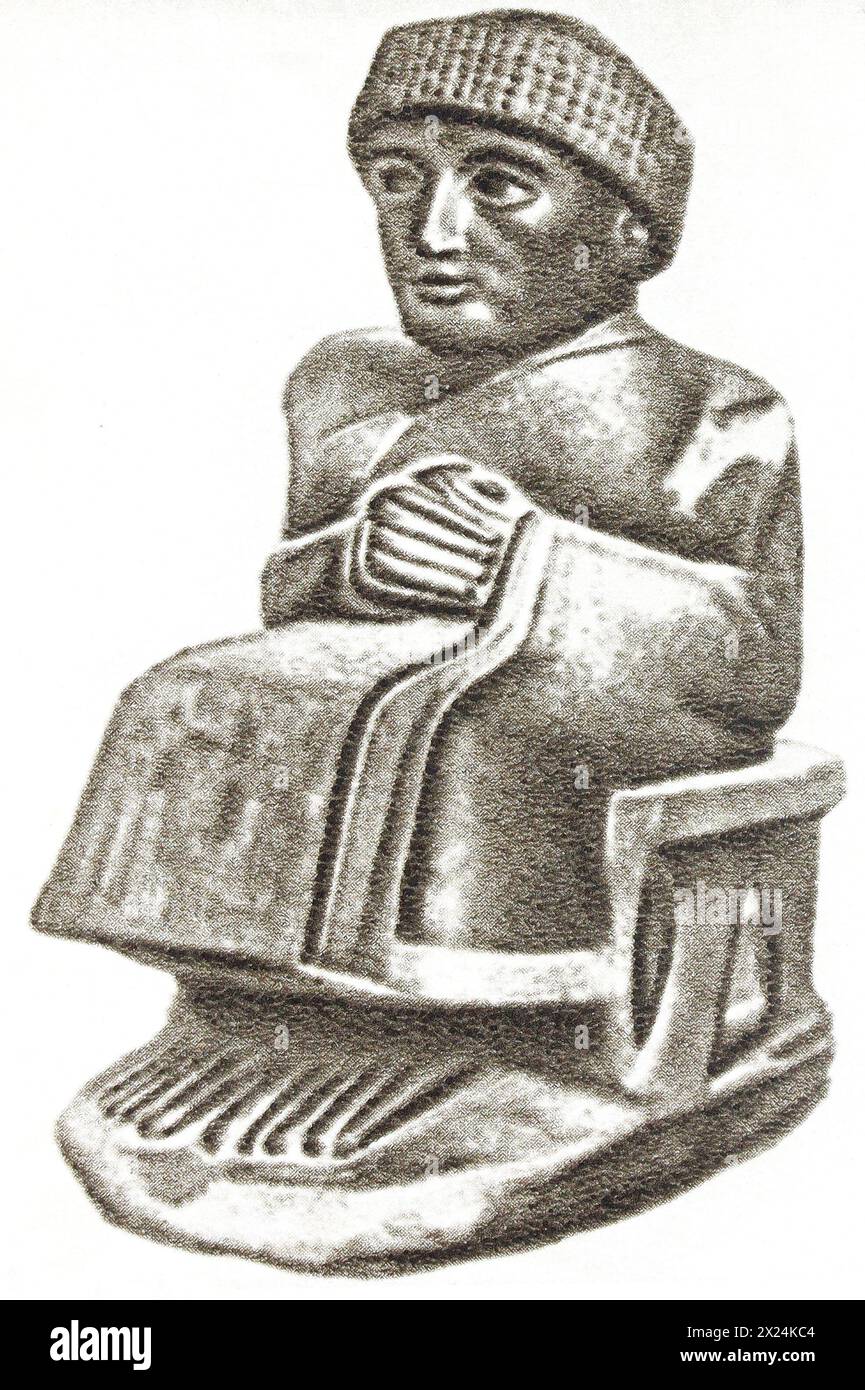 Dioritstatue von Gudea, Herrscher des Bundesstaates Lagash in Südmesopotamien. Foto aus der Mitte des 20. Jahrhunderts. Stockfoto