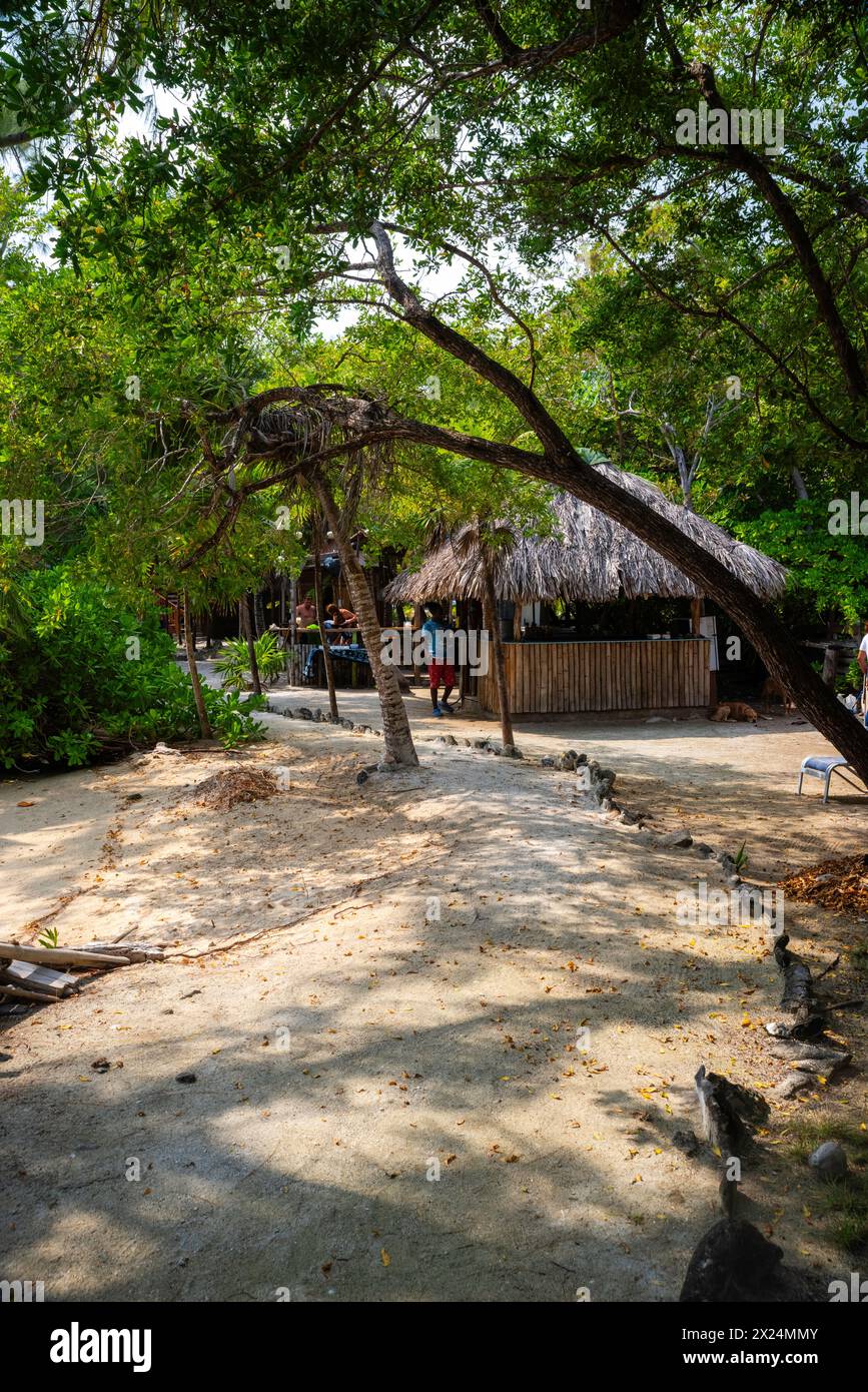 In der Lime Cay Bar, Roat‡n, Honduras, treffen sich die Menschen zum Essen und Trinken. Stockfoto
