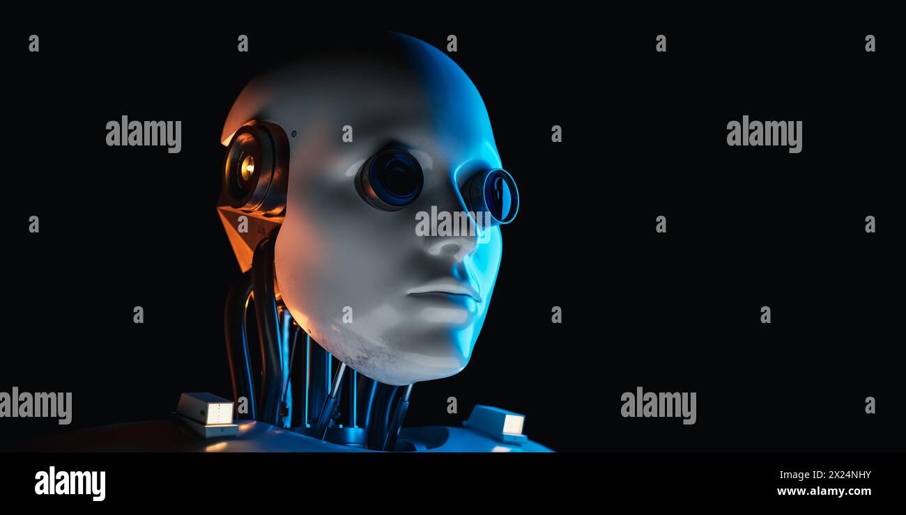 KI humanoides Roboterkonzept Gesicht. 3D-Rendering Stockfoto