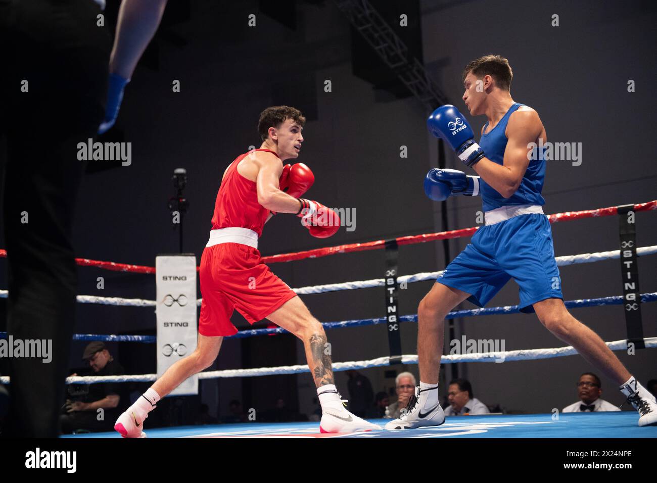 Pueblo, Colorado, USA. April 2024. Zwei britische Kämpfer stehen im 63,5 kg schweren Halbfinale der Männer gegenüber, Patris Meghaizal (blau) gewinnt gegen Reese Lynch (Rot) und kommt ins Finale. Quelle: Casey B. Gibson/Alamy Live News Stockfoto