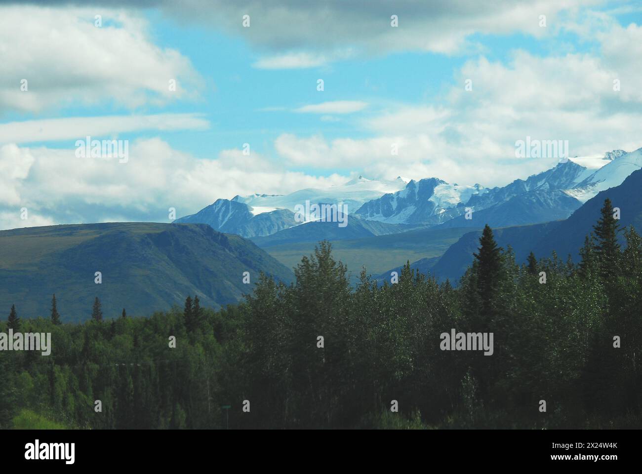 Panoramablick auf die Wildnis mit schneebedeckten Bergen und Wäldern während eines Sturms im Wrangell-St. Elias-Nationalpark in Alaska. Stockfoto