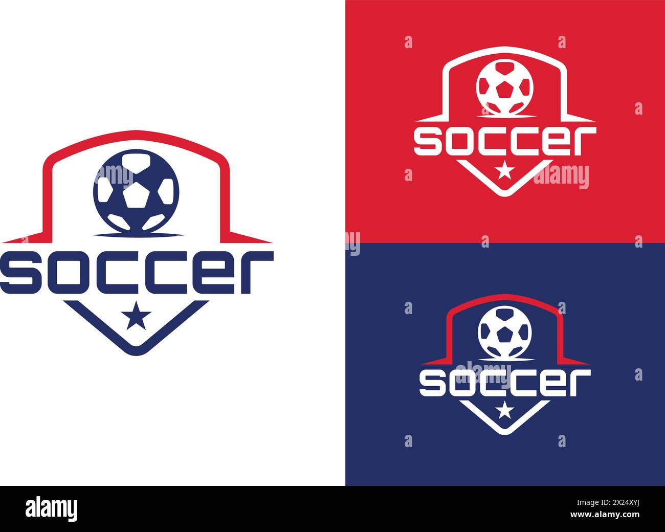 Abzeichen Schild Symbol Design Vorlage mit Fußball und Sternen Sport Team Identität Vektor Illustration isoliert auf weißem, rotem und blauem Hintergrund Stock Vektor