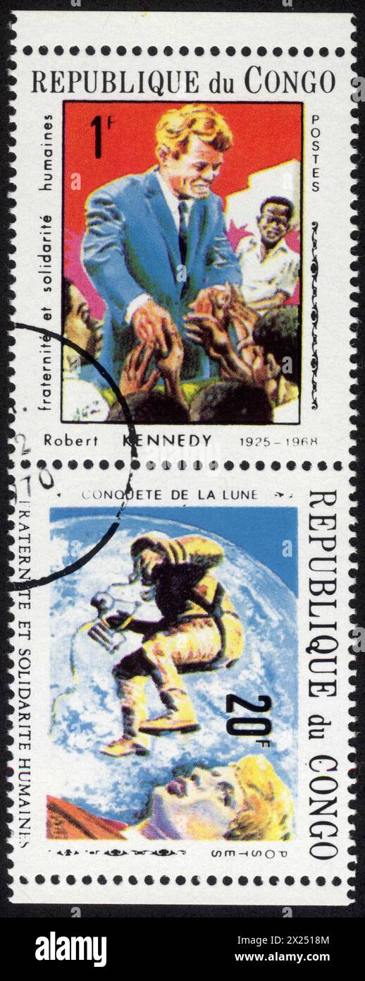 TIMBRE RÉPUBLIQUE DU CONGO ROBERT KENNEDY. TIMBRE RÉPUBLIQUE DU CONGO CONQUETE DE LA LUNE Stockfoto