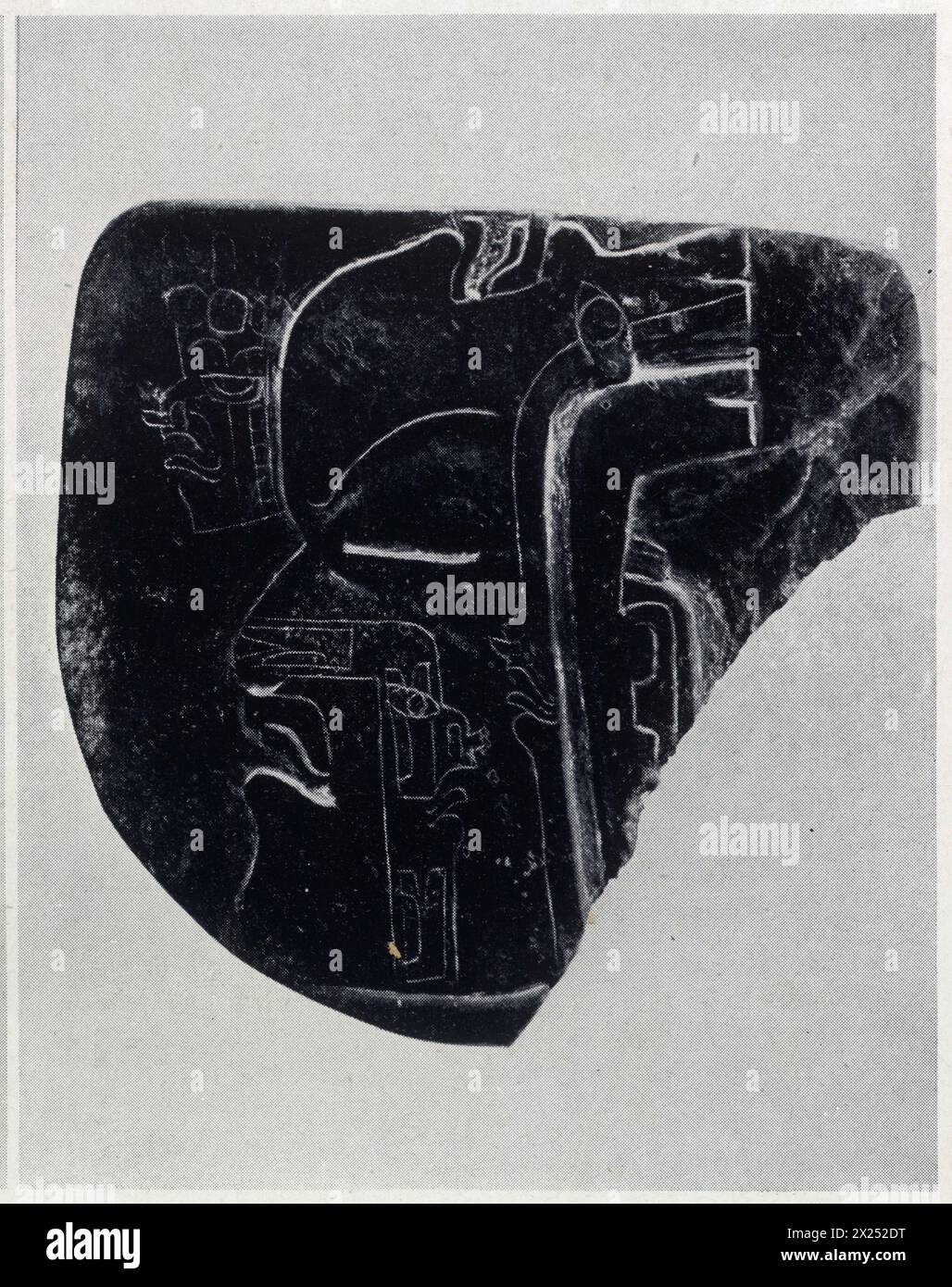 Pectoral semi-ovoidal avec décor représentant une tête gravée d'un personnage au nez large et bouche félinisée. Pierre Vert Foncé. Stockfoto