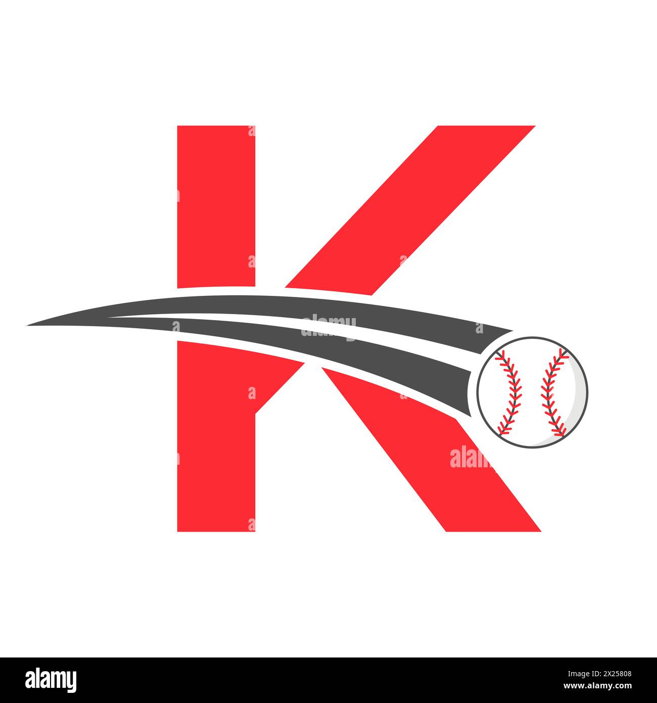 Baseball-Logo auf Buchstabe K-Konzept mit beweglichem Baseball-Symbol. Baseball-Schild Stock Vektor