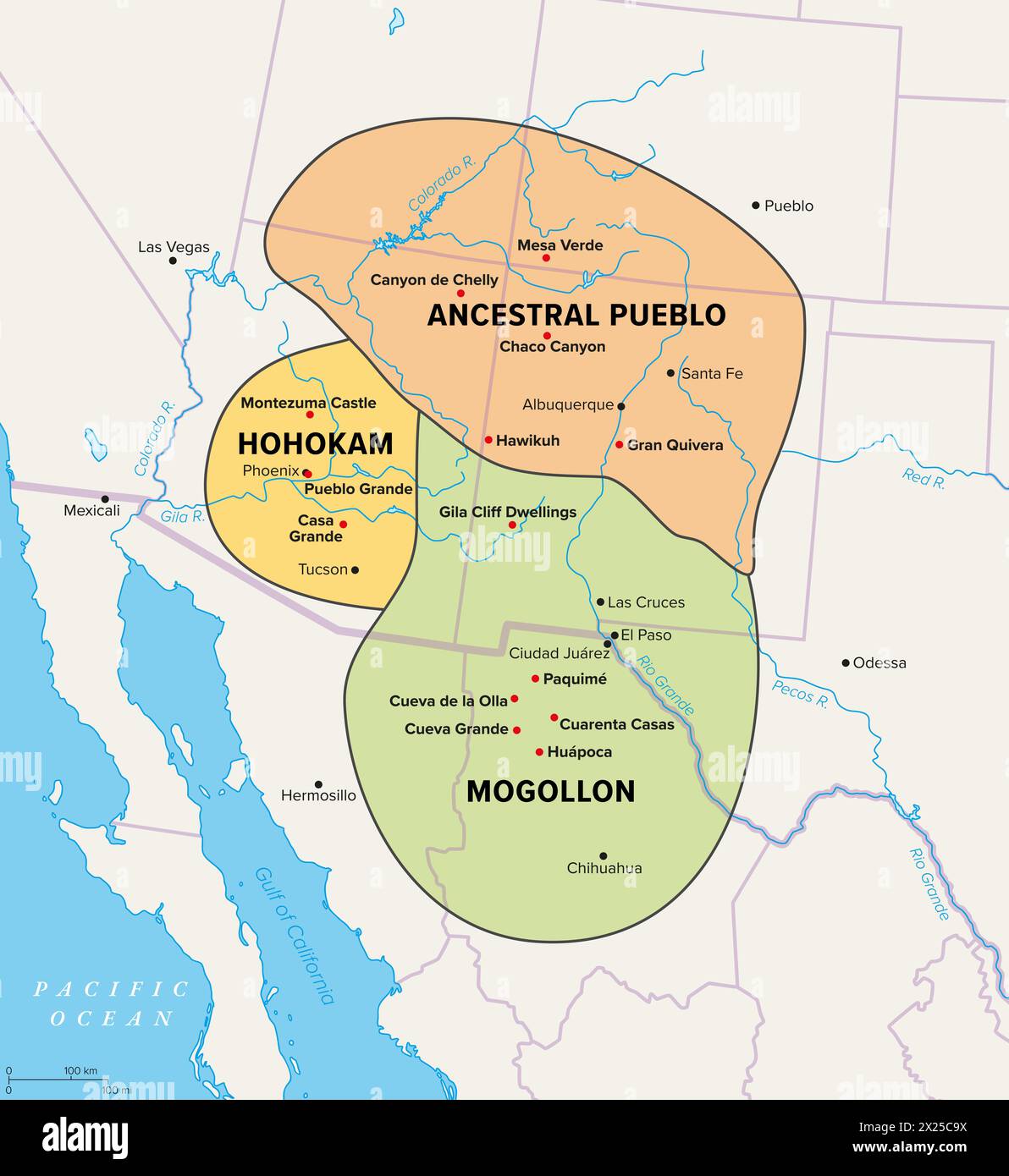 Oasisamerica, eine Kulturregion indigener Völker in Nordamerika. Politische Karte, die das Ausmaß der drei großen Kulturen zeigt. Stockfoto