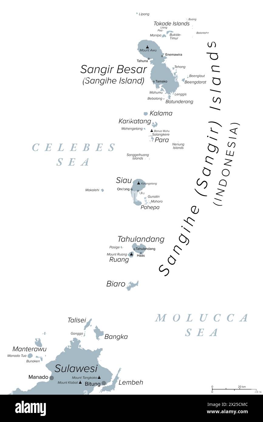 Sangihe-Inseln, indonesischer Archipel, graue politische Karte. Auch Sangir, Sanghir oder Sangi Inseln nördlich von Sulawesi, zwischen Celebes und Molukkensee. Stockfoto