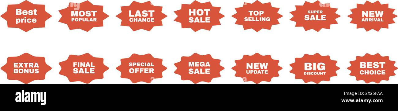 Sammlung von Starburst-Abzeichen für Verkaufsförderung. Rote Silhouettenaufkleber mit Text. Stock Vektor