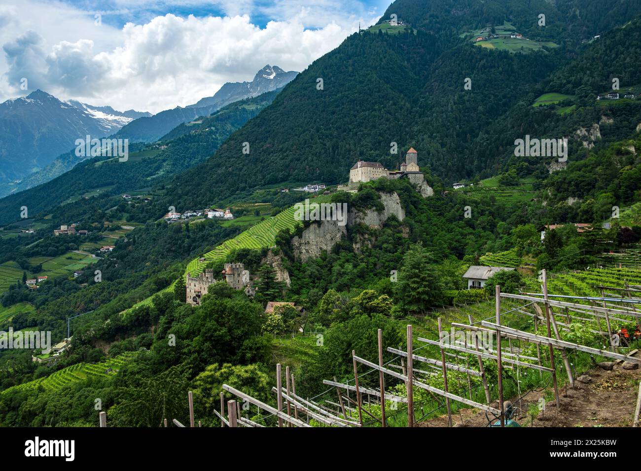 Schloss Tirol vom Dorf Tirol aus gesehen, mittelalterliche Ahnenburg der Grafen von Tirol bei Meran, Burgraviato, Südtirol, Italien. Stockfoto