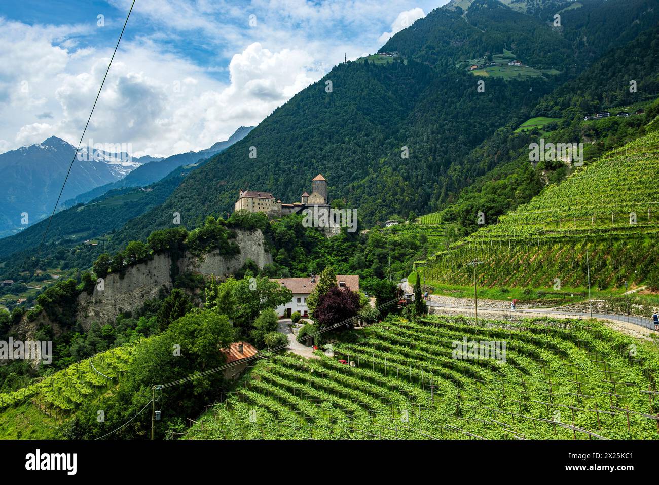 Schloss Tirol vom Dorf Tirol aus gesehen, mittelalterliche Ahnenburg der Grafen von Tirol bei Meran, Burgraviato, Südtirol, Italien. Stockfoto