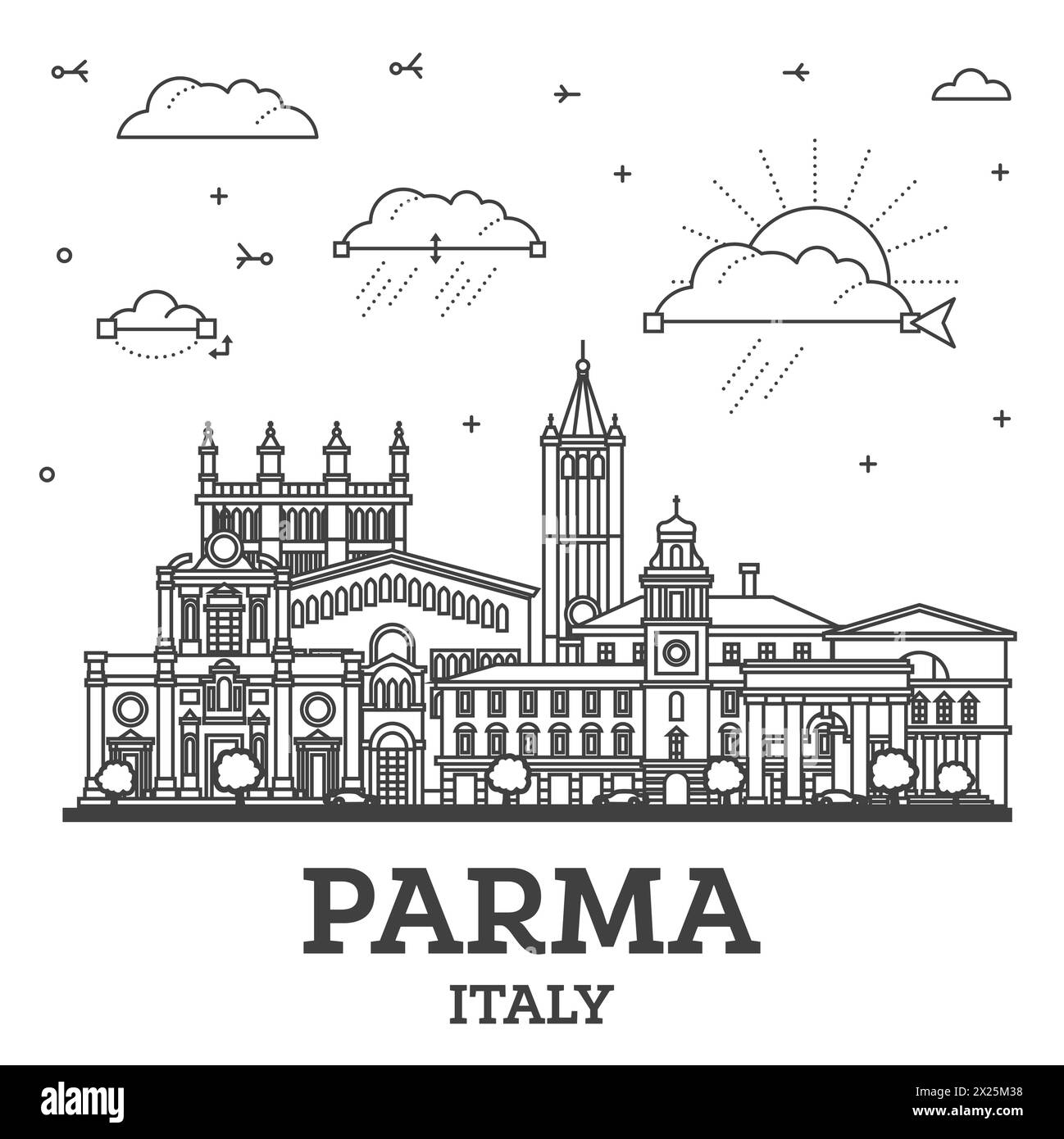 Umreißen Sie die Skyline von Parma Italy mit historischen Gebäuden, isoliert auf Weiß. Vektordarstellung. Parma Stadtlandschaft mit Wahrzeichen. Stock Vektor