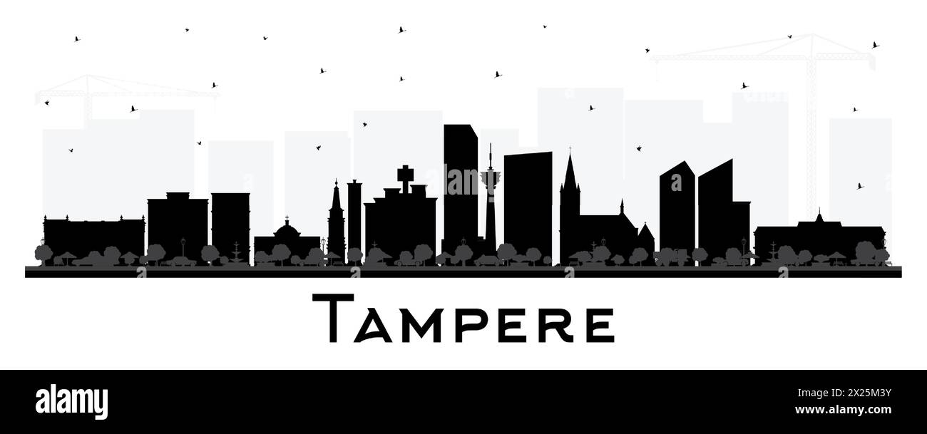 Tampere Finnland Skyline Silhouette mit schwarzen Gebäuden isoliert auf weiß. Vektorabbildung. Tampere Stadtbild mit Wahrzeichen. Stock Vektor