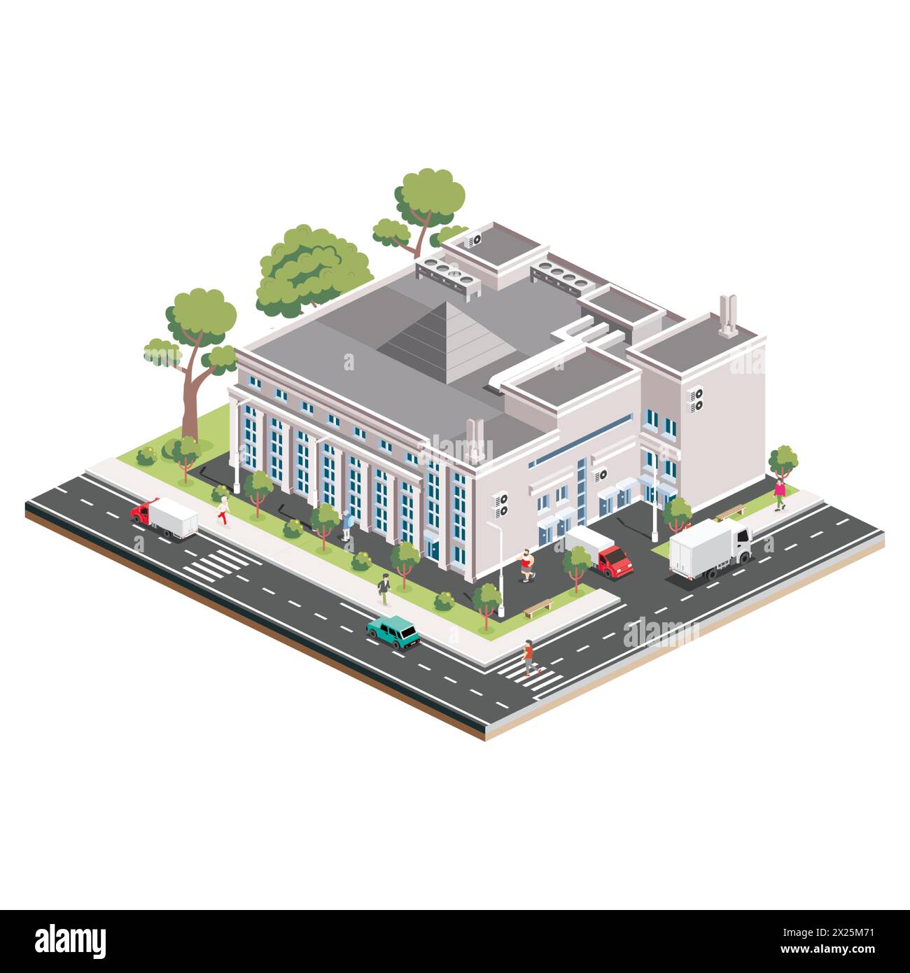 Isometrisches Einkaufszentrum. Infografik-Element. Supermarktgebäude. Vektorabbildung. Menschen, Lastwagen und Bäume mit grünen Blättern isoliert auf weiß Stock Vektor