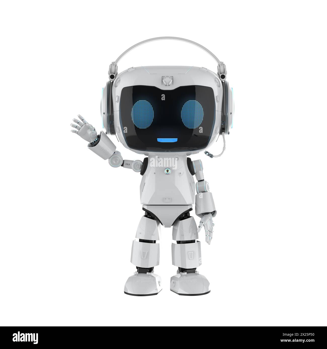 3D-Wiedergabe von Ai-Chatbot oder persönlichem Assistenten-Roboter-Chat mit Kopfhörern Stockfoto