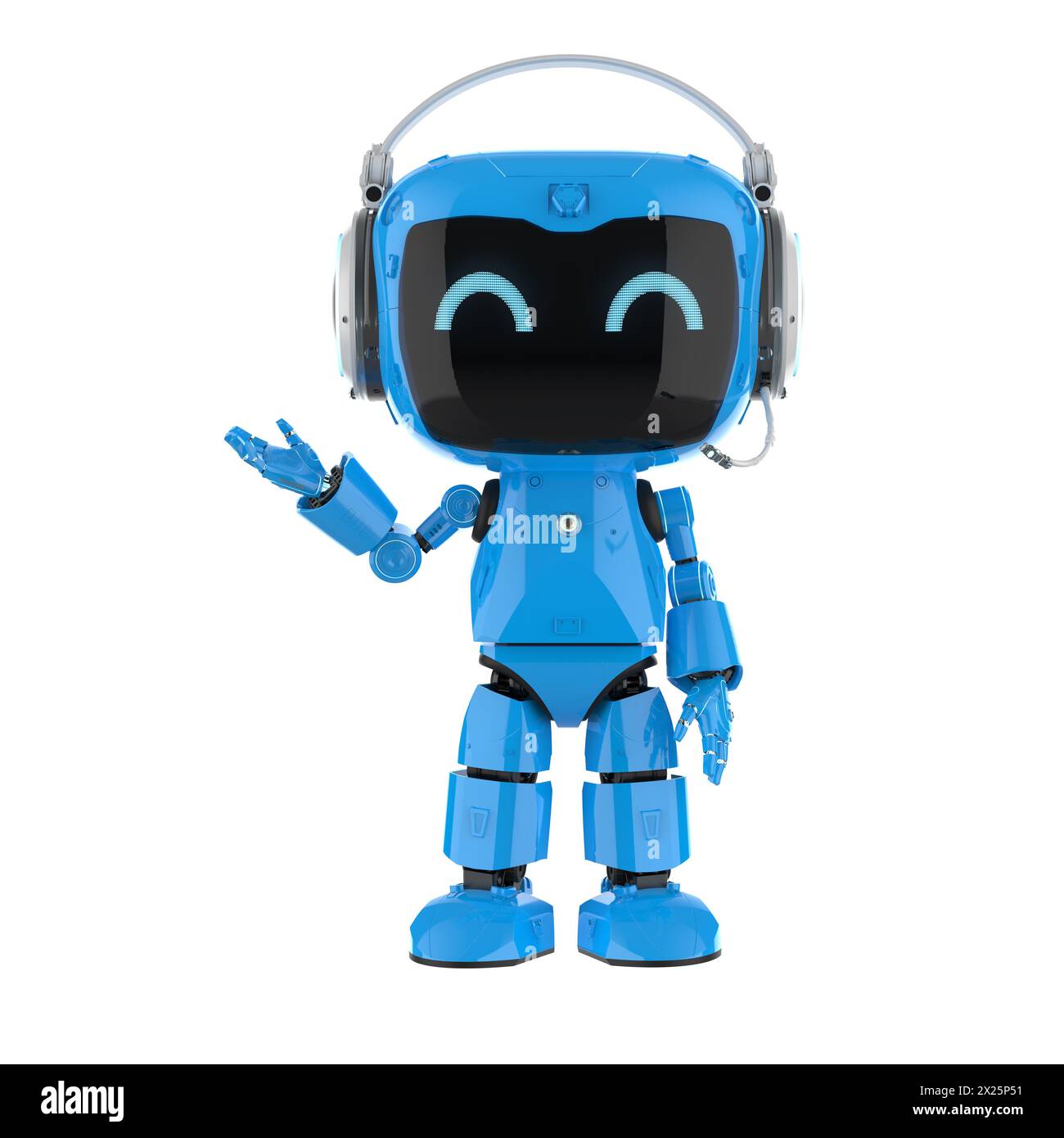 3D-Wiedergabe von Ai-Chatbot oder persönlichem Assistenten-Roboter-Chat mit Kopfhörern Stockfoto
