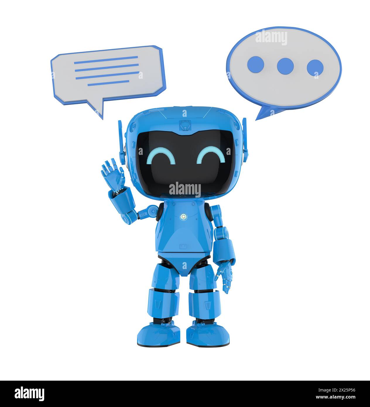 3D-Wiedergabe von Ai-Chatbot oder persönlichem Assistenten-Roboter-Chat mit Sprechblase Stockfoto
