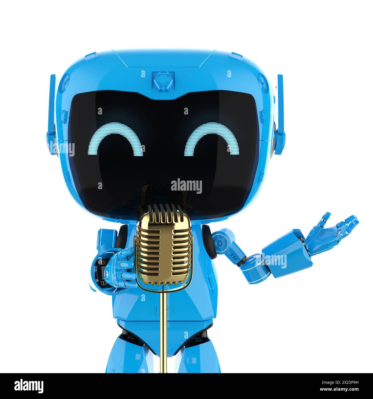 KI-Komponist oder -Generator mit 3D-Rendering-Robotermikrofon Stockfoto
