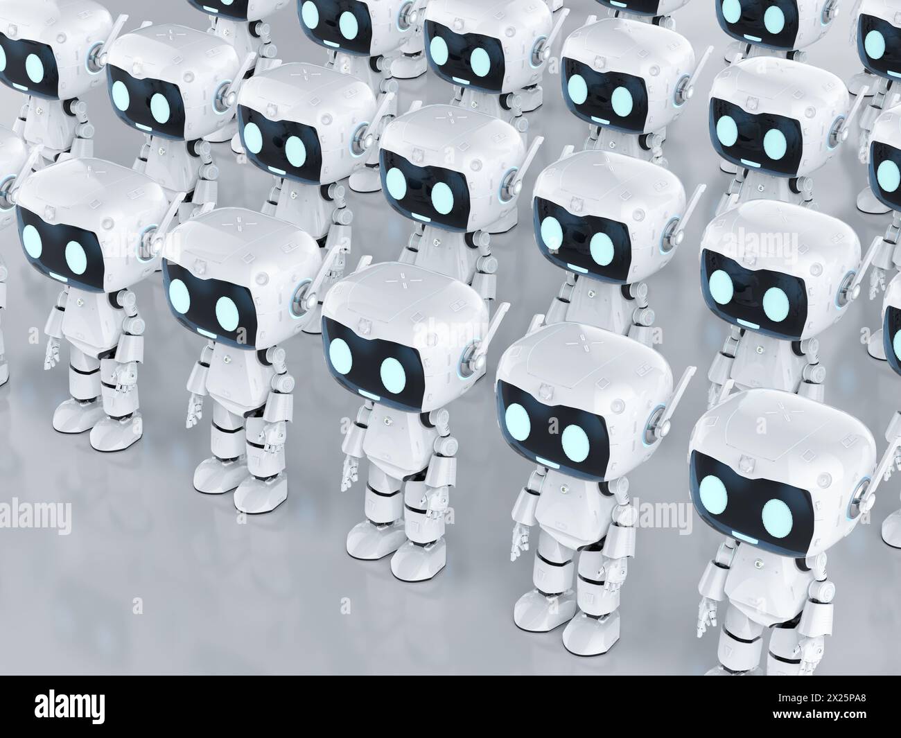 3D-Rendering-Gruppe von niedlichen und kleinen künstlichen Intelligenz-Assistenten-Robotern mit Cartoon-Charakter Stockfoto