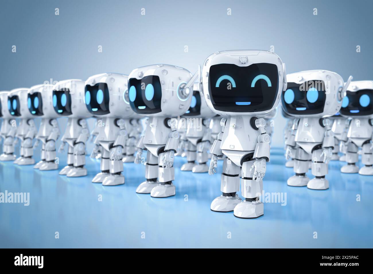 3D-Rendering-Gruppe von niedlichen und kleinen künstlichen Intelligenz-Assistenten-Robotern mit Cartoon-Charakter Stockfoto