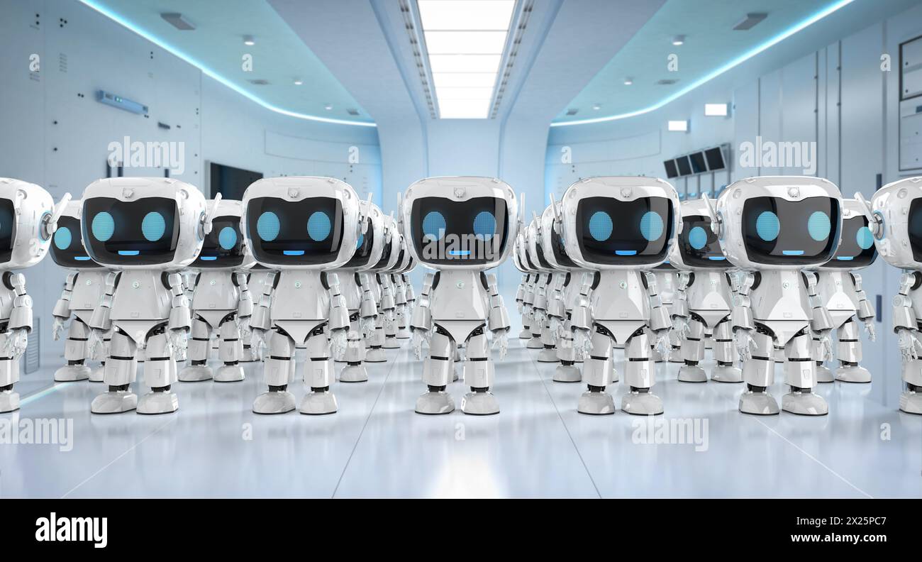 3D-Rendering-Gruppe von niedlichen und kleinen künstlichen Intelligenz-Assistenten-Robotern mit Cartoon-Charakter Stockfoto
