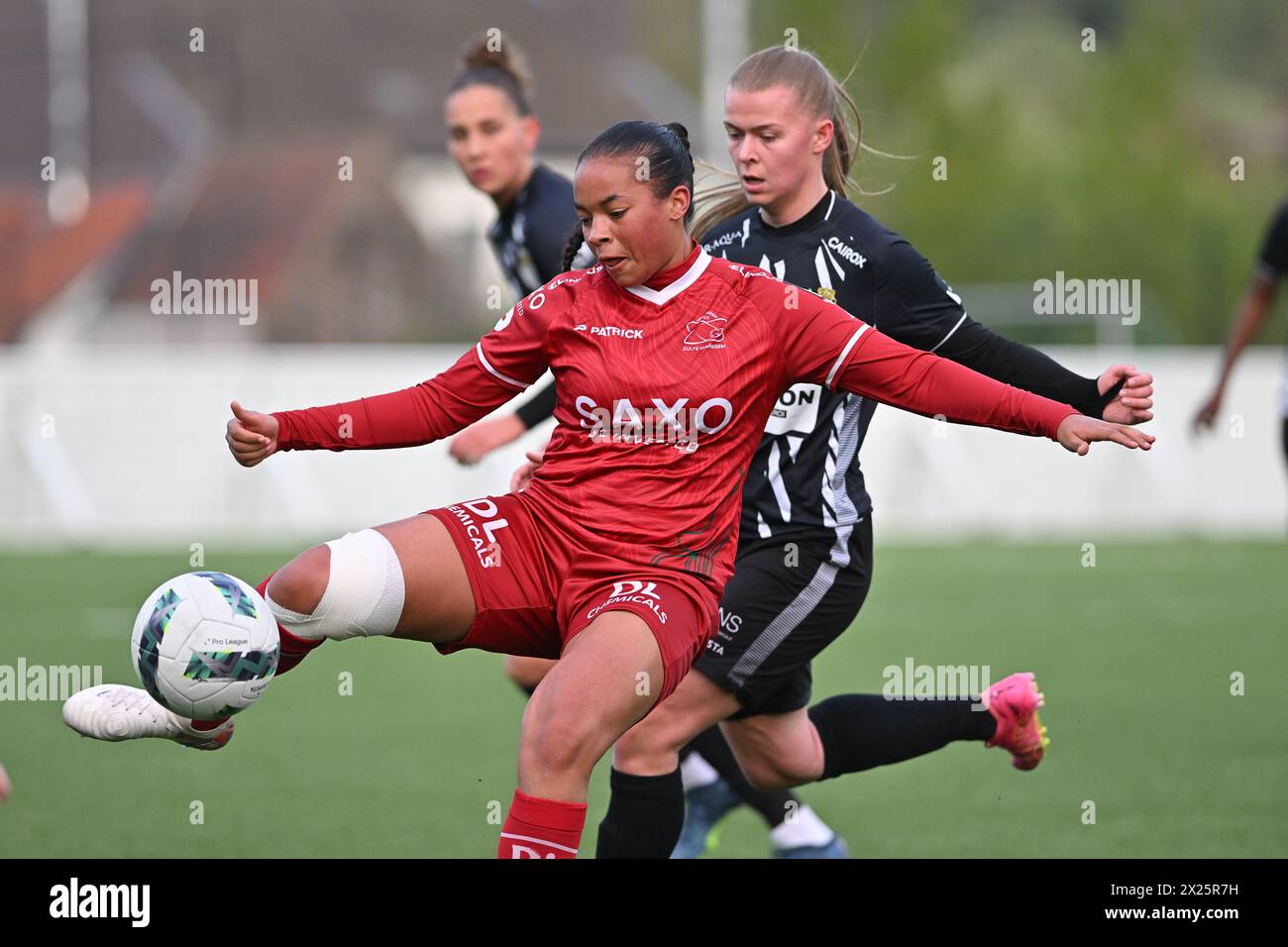 Marcinelle, Belgien. April 2024. Rose Adewusi (18) von Zulte-Waregem und Anna Laetitia Szostak (17) von Charleroi, die während eines Frauenfußballspiels zwischen Sporting du Pays de Charleroi und SV Zulte Waregem am 4. Spieltag der Play-offs der Saison 2023 - 2024 der belgischen Lotto Womens Super League gezeigt wurden; Samstag, 19. April 2024 in Marcinelle, BELGIEN. Quelle: Sportpix/Alamy Live News Stockfoto