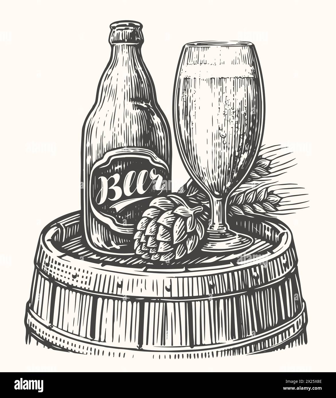 Flasche und Becher Bier auf Holzfass. Pub, Brauerei Skizze. Handgezeichnete Vintage-Vektor-Illustration Stock Vektor