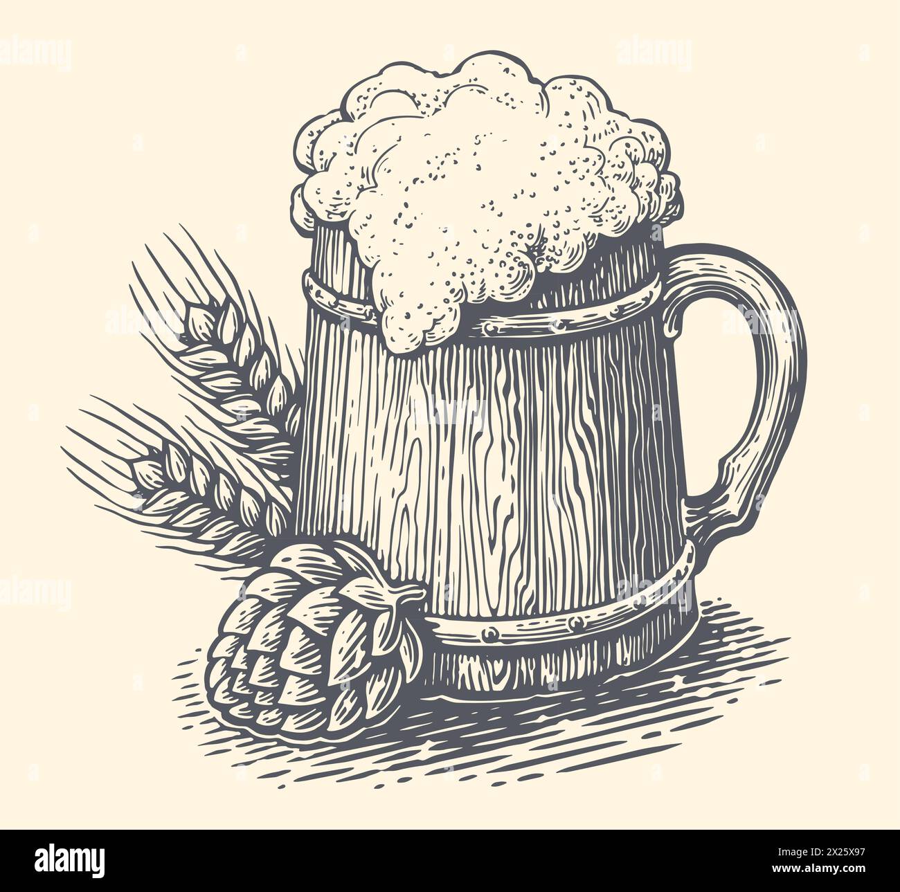 Holzbecher mit Biergetränk. Brauerei oder Pub, handgezeichnete Skizze Vektor Illustration Stock Vektor